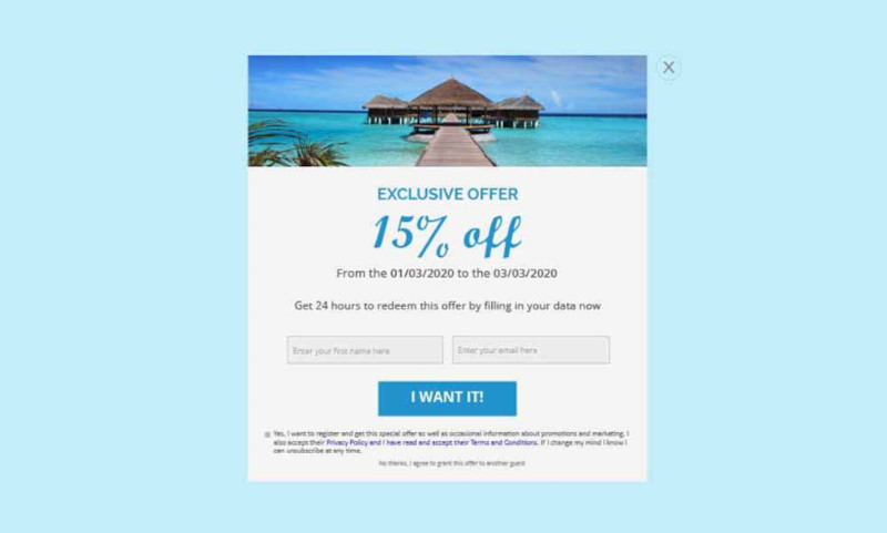 A popup that applies a coupon after entering the email and name