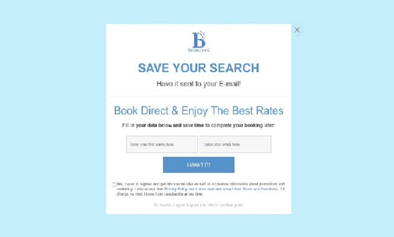 A popup that saves the search of the customer after entering the email and name